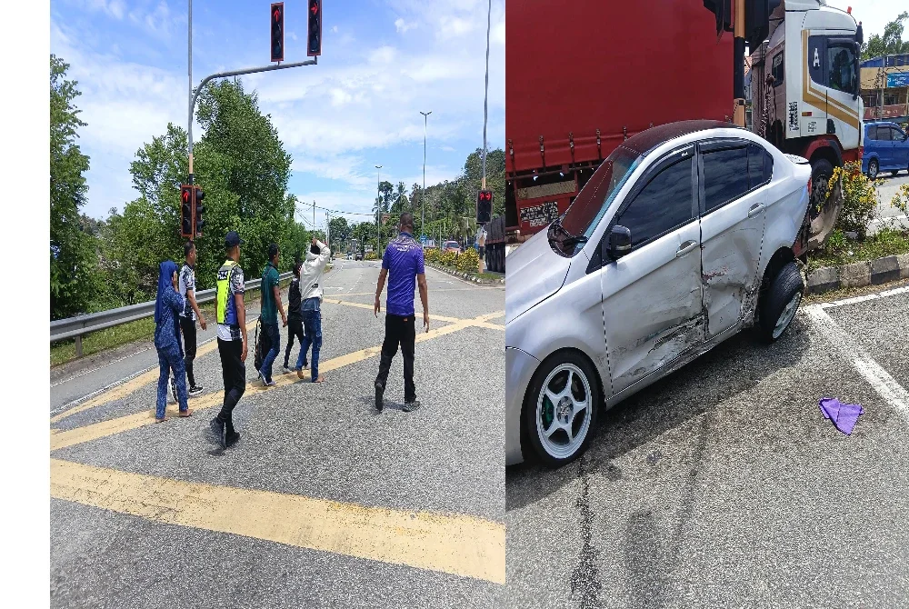 Aksi kejar-mengejar dari Gua Musang ke Raub berakhir dramatik apabila kereta dinaiki dua lelaki dan tiga wanita warga asing terbabas di hadapan Balai Polis Dong. Foto PDRM