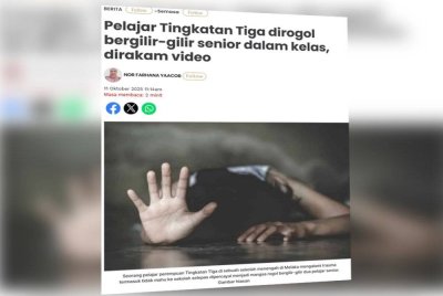 Laporan Sinar Harian pada Sabtu mengenai pelajar Tingkatan Tiga dirogol bergilir-gilir senior dalam kelas.