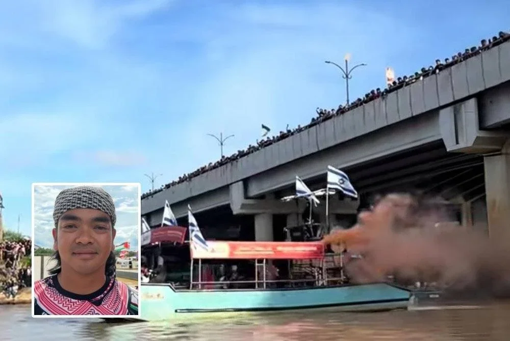 Tindakan Pertubuhan Anak Muda Bangkit Malaysia mengibarkan bendera Israel semasa Program 500 Pelayaran Solidariti Kelantan untuk Gaza pada Jumaat lalu hanya gimik bagi melakonkan semula apa yang berlaku kepada sukarelawan GSF. Foto:Ihsan Pembaca. (Gambar kecil: Mohd Khairul Hafiz Hassan)