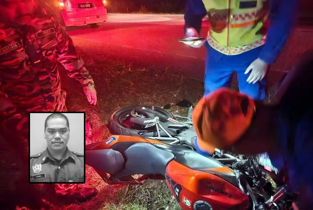 Keadaan motosikal mangsa selepas terlibat kemalangan dengan seekor kerbau di Kilometer 85, Jalan Ladang Gajah Mati di Dungun pada Sabtu.Gambar kecil: Mohamad Kamil