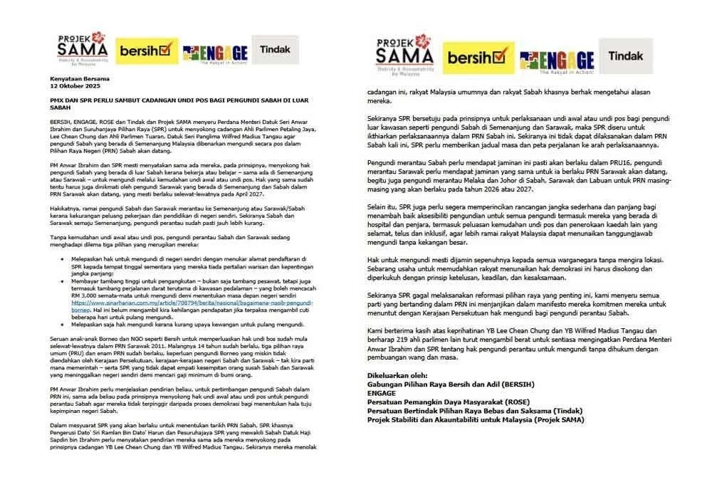 Kenyataan bersama yang dikeluarkan Bersih, ENGAGE, ROSE, Tindak dan Projek SAMA.