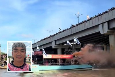 Tindakan Pertubuhan Anak Muda Bangkit Malaysia mengibarkan bendera Israel semasa Program 500 Pelayaran Solidariti Kelantan untuk Gaza pada Jumaat lalu hanya gimik bagi melakonkan semula apa yang berlaku kepada sukarelawan GSF. Foto:Ihsan Pembaca. (Gambar kecil: Mohd Khairul Hafiz Hassan)