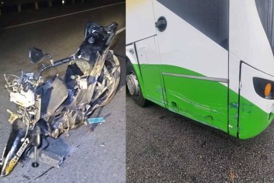 Keadaan salah sebuah motosikal dan bas yang terbabit dalam nahas berkenaan. - Foto: IPD Batu Pahat