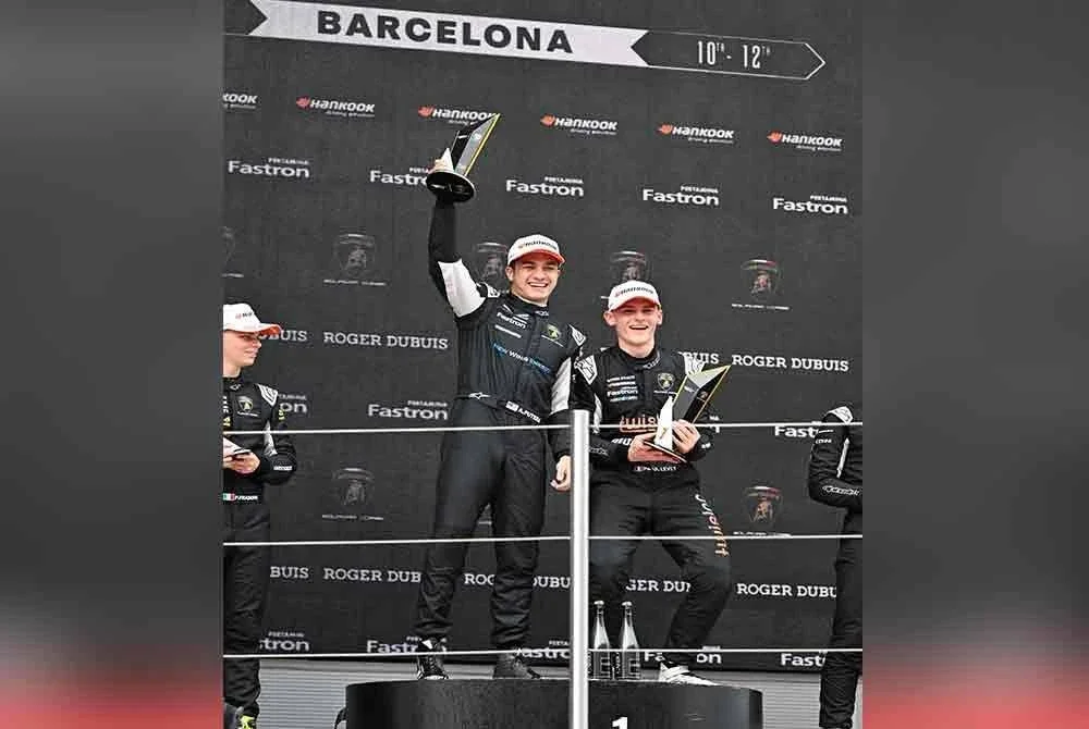 Putera Adam bersama Levet juara Perlumbaan 2 Kejuaraan Lamborghini Super Trofeo Eropah di Litar Barcelona, Sepanyol.