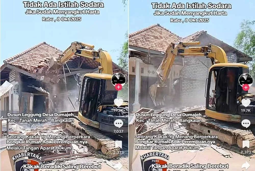 Tindakan merobohkan rumah itu dilakukan selepas si kakak memperoleh perintah mahkamah berhubung pemilikan harta pusaka yang menjadi rebutan.