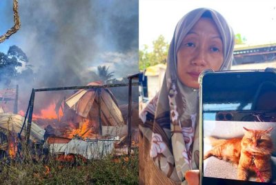 Sonita menunjukkan gambar Dong, kucing cacat kesayangan keluarganya yang rentung dalam kebakaran di Kampung Periok Hilir, Tumpat pada petang Isnin. Foto SINAR HARIAN/HAZELEN LIANA KAMARUDIN