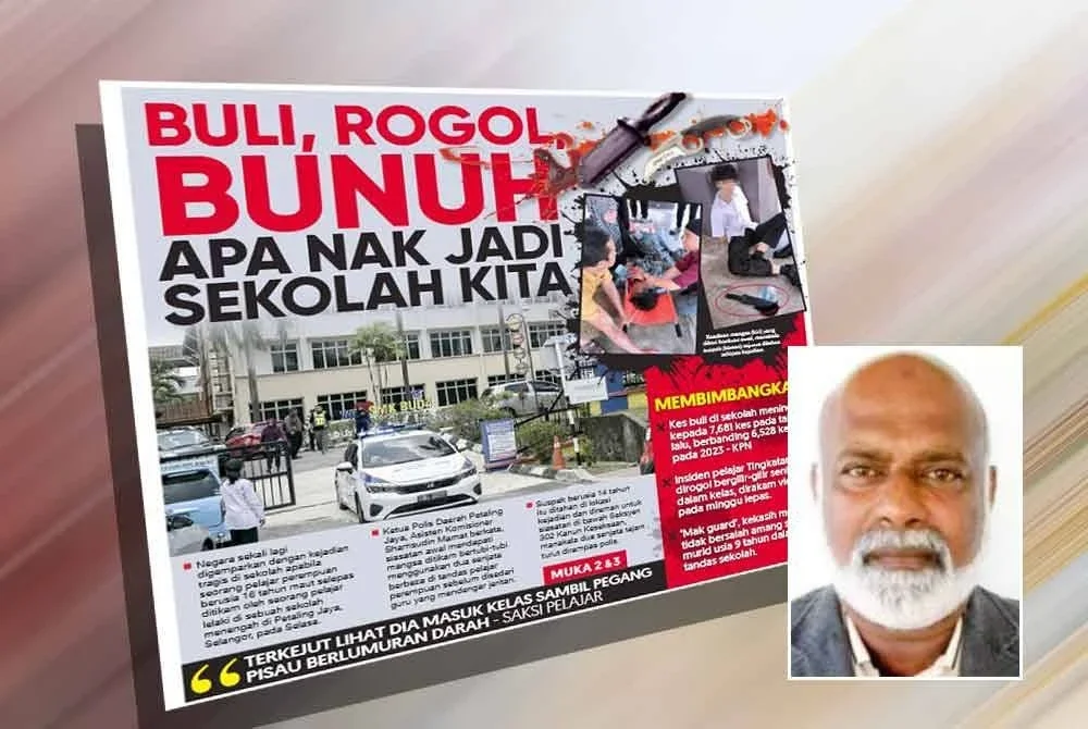 Laporan muka depan Sinar Harian pada Rabu mengenai kes buli, rogol dan bunuh yang berlaku di sekolah. Gambar kecil: Shahul Hamid