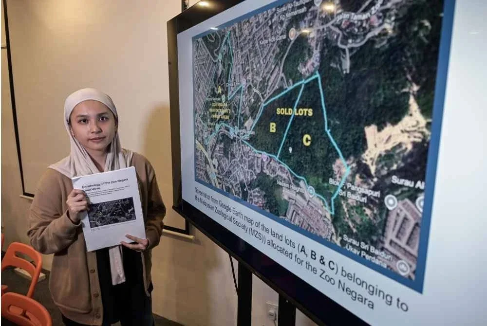 Pegawai Penyelidik C4 Center, Nabila Zulkeflee menunjukkan peta tanah selepas sidang media mengenai dakwaan penjualan tanah Zoo Negara di Phileo Damansara pada Rabu. Foto Bernama