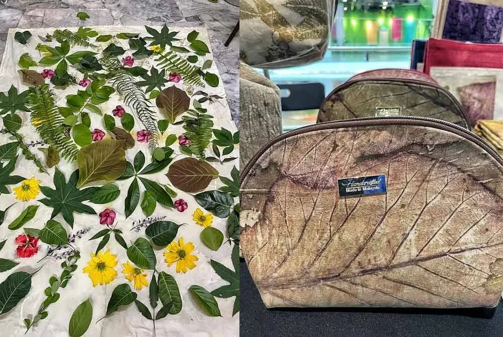 Pelbagai jenis daun dan bunga digunakan ecoprint sebelum dijadikan produk kraf.