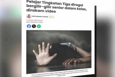 Laporan Sinar Harian mengenai insiden pelajar Tingkatan Tiga dirogol bergilir-gilir oleh pelajar senior di dalam kelas dan dirakam video.