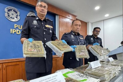 Sazalee (tengah) menunjukkan ganja yang bernilai RM153,078 yang dirampas dalam dua serbuan pada 10 Oktober lalu.