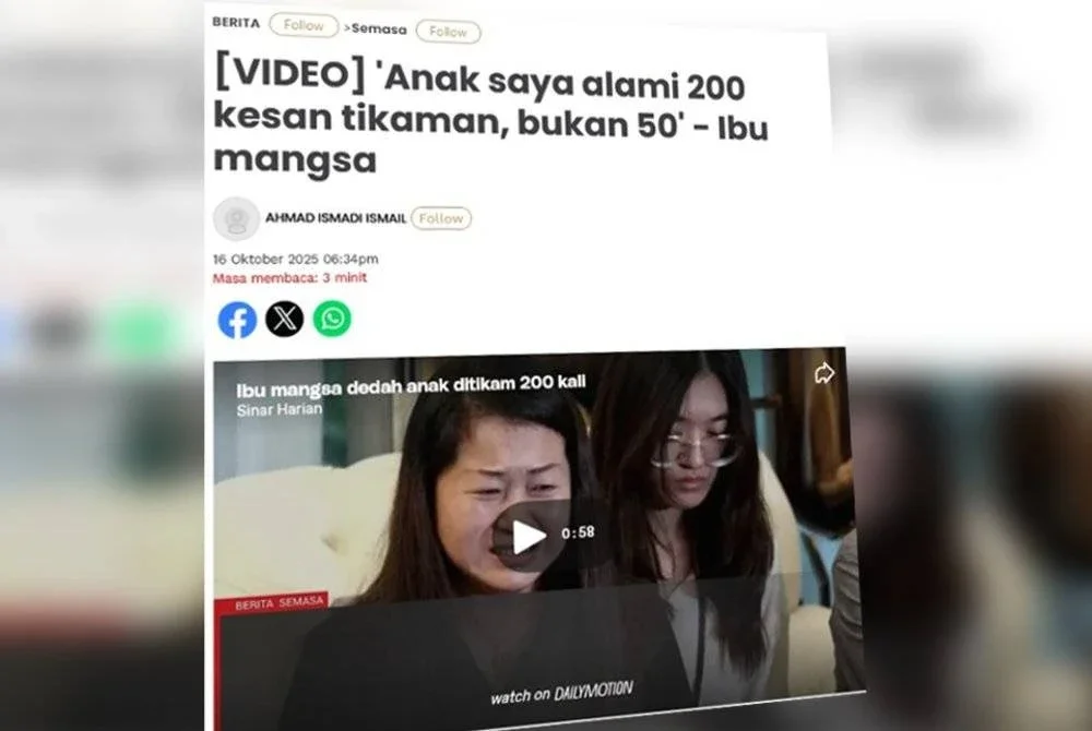 Laporan Sinar Harian pada Khamis mengenai dakwaan ibu mangsa bahawa ahli patologi memaklumkan bahawa terdapat kira-kira 200 kesan tikaman pada anaknya.