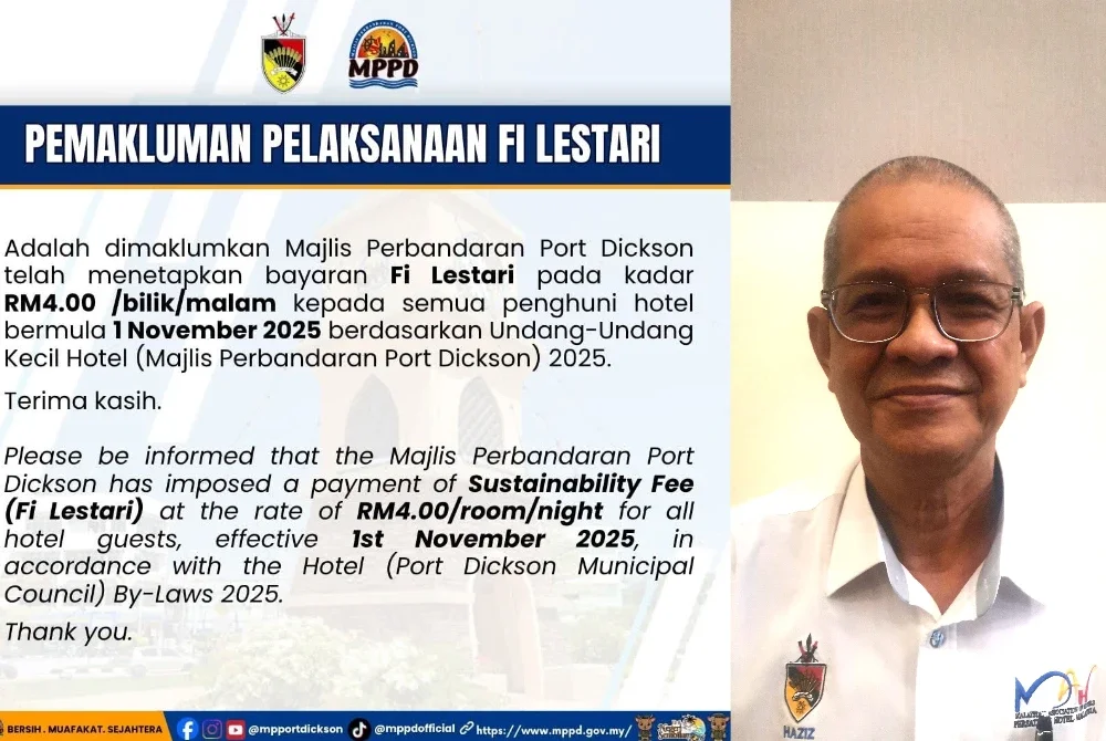 Haziz berharap MPPD tangguh pelaksanaan Fi Lestari RM4 semalam kerana bimbang jejaskan industri perhotelan Port Dickson menjelang TMM 2026