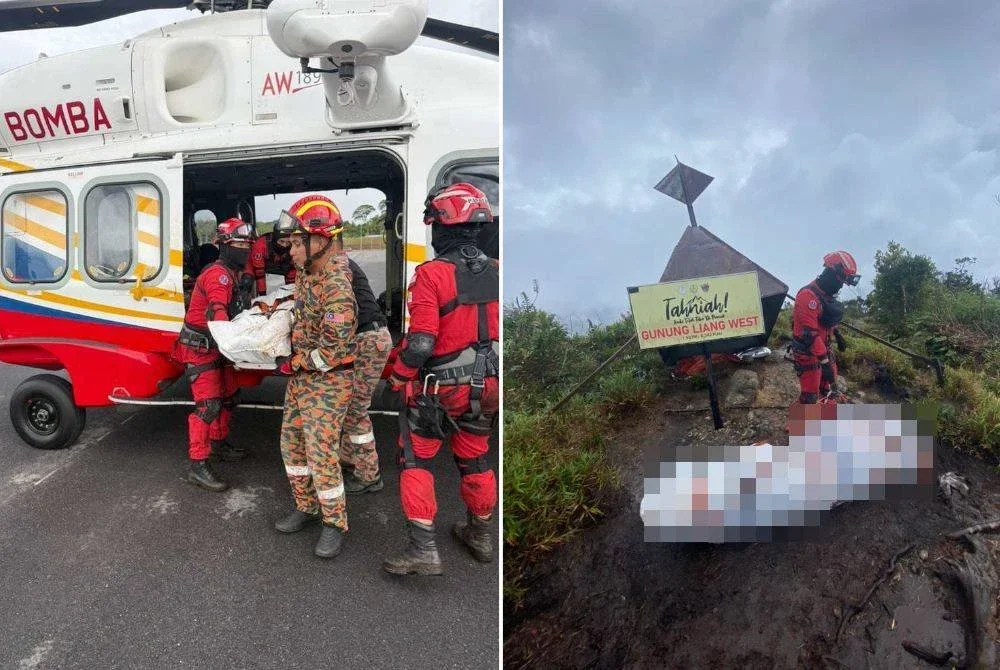 Jenazah mangsa dibawa keluar dari Gunung Liang di sini menggunakan helikopter milik JBPM.