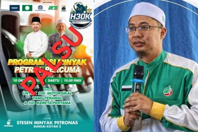 Ahmad Azlan (kanan) tegaskan poster tular kononnya program isi minyak percuma anjuran Pas dan PN adalah palsu.