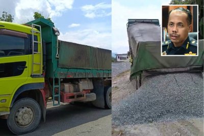 Sebuah lori yang ditahan didapati membuang muatan batu yang dibawa di tepi jalan selepas diarah JPJ ke stesen timbang. (Gambar kecil: Hanif Yusabra)