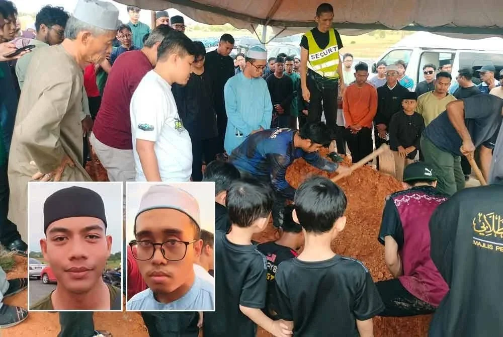 Jenazah Ahmad Arif dikebumikan di Tanah Perkuburan Islam Pasir Gudang pada Sabtu. Gambar kecil dari kiri: Muhammad Faiz dan Asyrafuddin