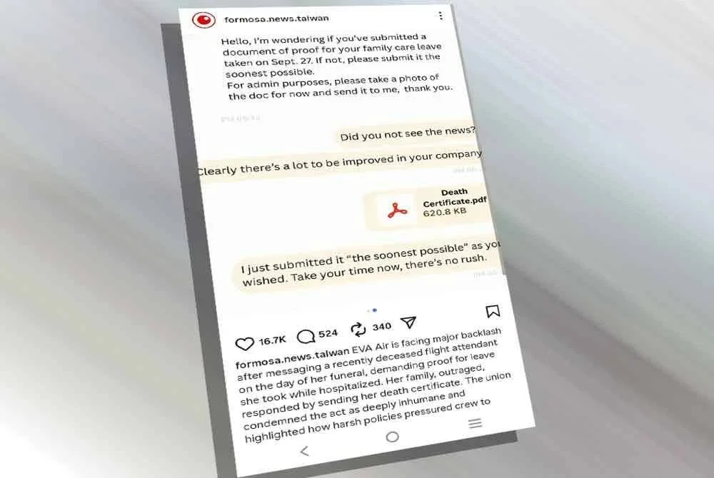 Mesej antara keluarga dengan pihak syarikat berkaitan permohonan cuti pramugari itu. Foto: Instagram Formosa News