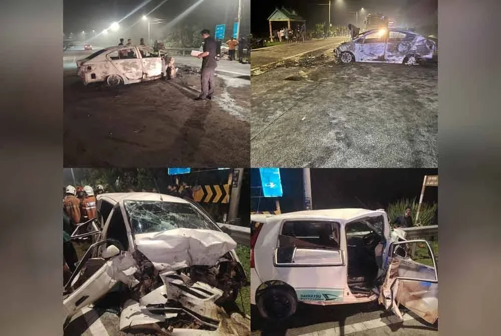 Keadaan tiga kereta yang terlibat kemalangan di KM13 Jalan Bahau-Rompin.