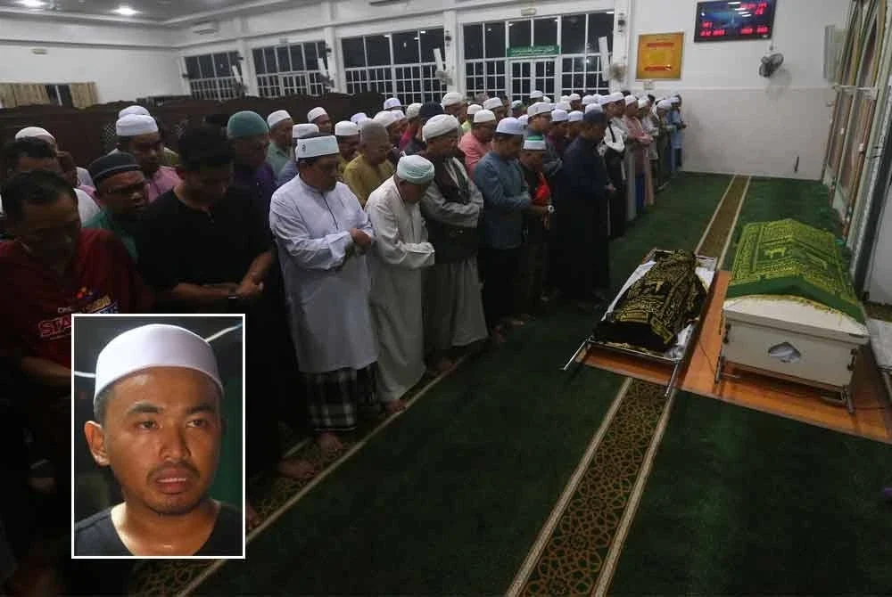 Jenazah dua beranak yang dibunuh kejam di Kampung Sekolah Juru disembahyangkan di Masjid Al Maarif Jeneri. Gambar kecil: Mohd Noor Hafifi