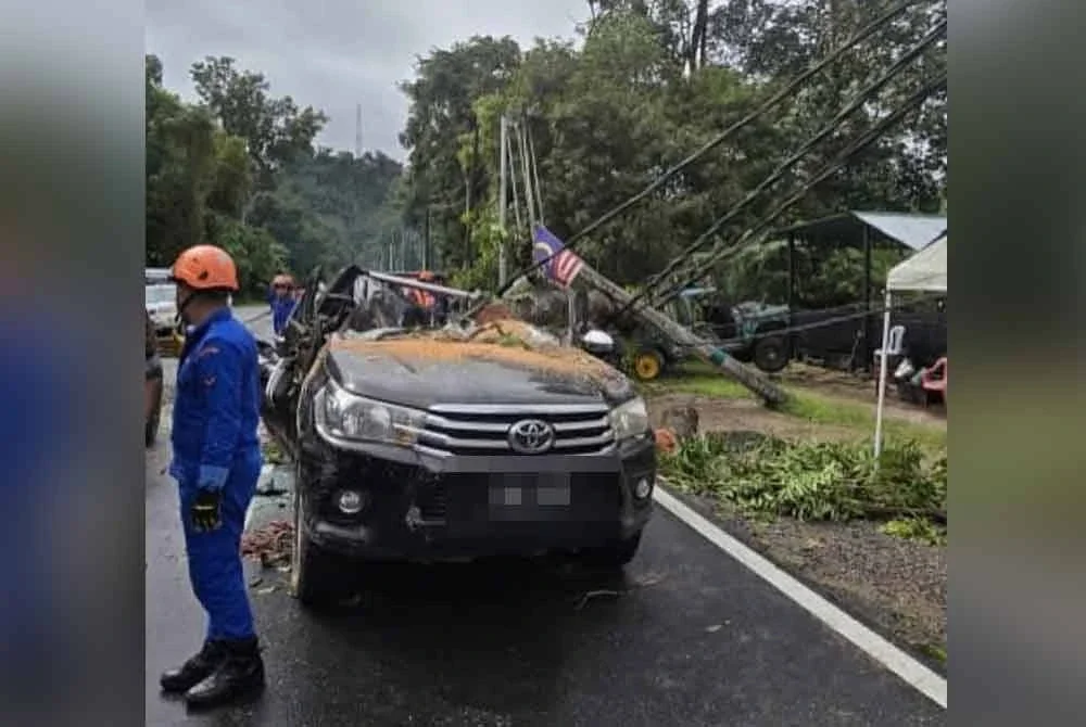 Gambar keadaan pacuan empat roda yang dihempap pokok tumbang yang dikongsikan Rozita di Instagram miliknya.