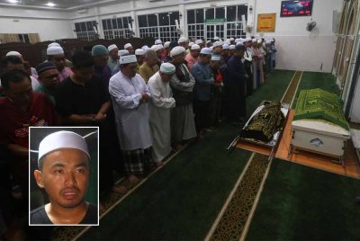 Jenazah dua beranak yang dibunuh kejam di Kampung Sekolah Juru disembahyangkan di Masjid Al Maarif Jeneri. Gambar kecil: Mohd Noor Hafifi