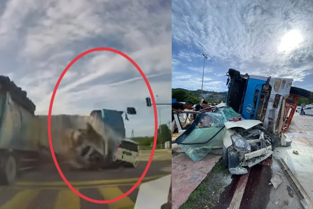 Sebuah lori tanah yang hilang kawalan semasa menuruni jalan berbukit menyebabkan rempuhan tiga kenderaan lain di lampu isyarat