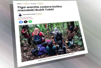 Laporan Sinar Harian kes tiga wanita cedera ketika mendaki Bukit Tokki di Kuantan pada Mei lalu.