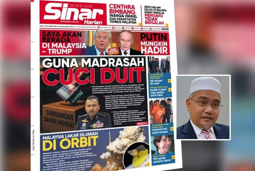 Laporan muka depan Sinar Harian pada Rabu. Gambar kecil: Mohd Asri