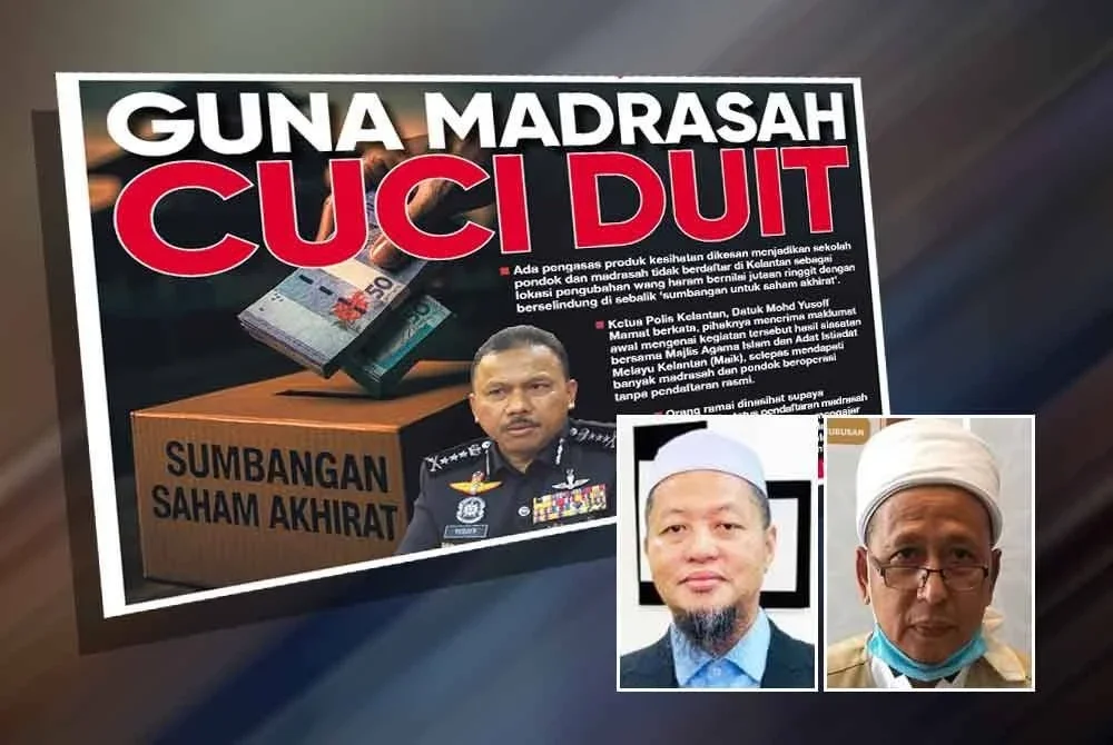 Laporan muka depan Sinar Harian berhubung tindakan pihak tertentu termasuk pengasas kosmetik yang menyalurkan wang haram atas nama sumbangan saham akhirat kepada madrasah dan pondok di negara ini. Gambar kecil dari kiri: Mohd Zahid, Manolito