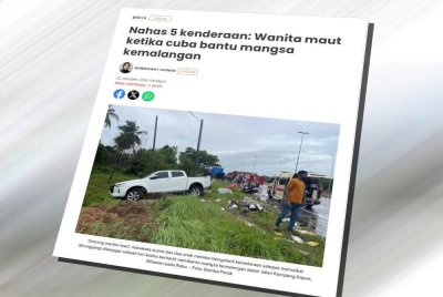 Laporan Sinar Harian berhubung Nahas 5 kenderaan: Wanita maut ketika cuba bantu mangsa kemalangan.