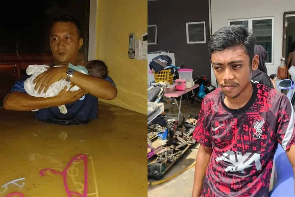 Gambar tular (kiri), Mohamad Fareez Anaqi dikendong seorang lelaki ketika meredah banjir di Taman Larah Damai, Taiping pada Khamis. Mohamad Syammir Muzammir (kanan).