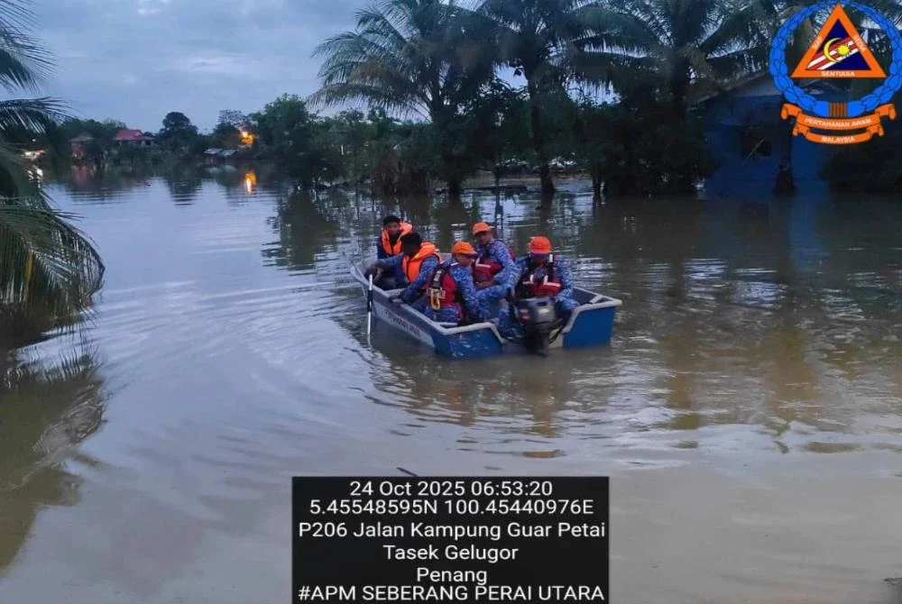 Daerah Seberang Perai Utara (SPU) merekodkan jumlah mangsa banjir tertinggi iaitu 602 orang dari 165 keluarga. Foto APM Seberang Utara