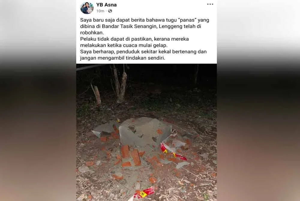 Tangkap layar hantaran Mohd Asna di Facebooknya berkenaan tanda tugu misteri yang telah dimusnahkan
