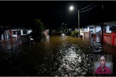 Keadaan banjir di Taman Air Putih Permai, Simpang akibat hujan lebat berterusan semalam. Gambar kecil: Saarani
