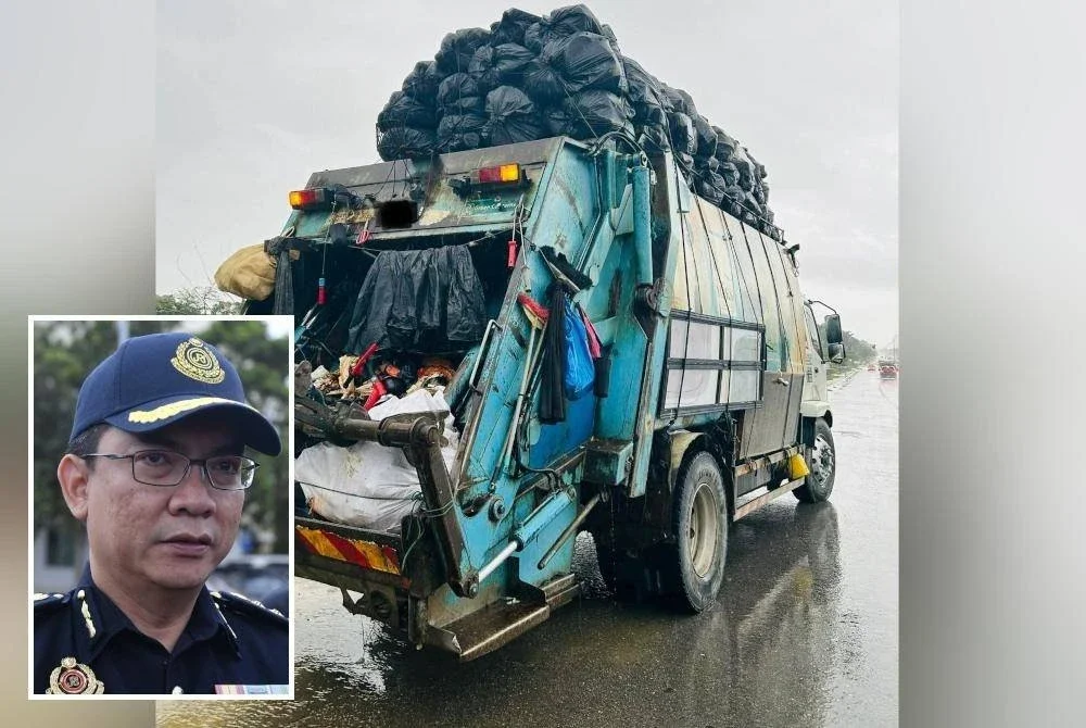 Lori sampah yang dipandu seorang lelaki Bangladesh ditahan JPJ di Bukit Cerakah pada Khamis. Foto JPJ Selangor (Gambar kecil: Azrin)