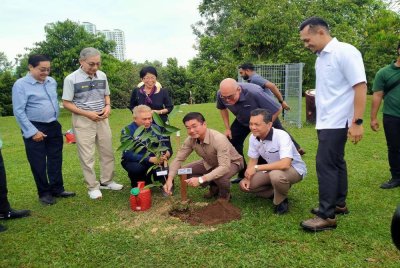 Kok Lim (duduk di tengah) menanam pokok ketika menyempurnakan Program Green Tech Perak 2026 di Bulatan Sultan Azlan Shah di Ipoh pada Sabtu.