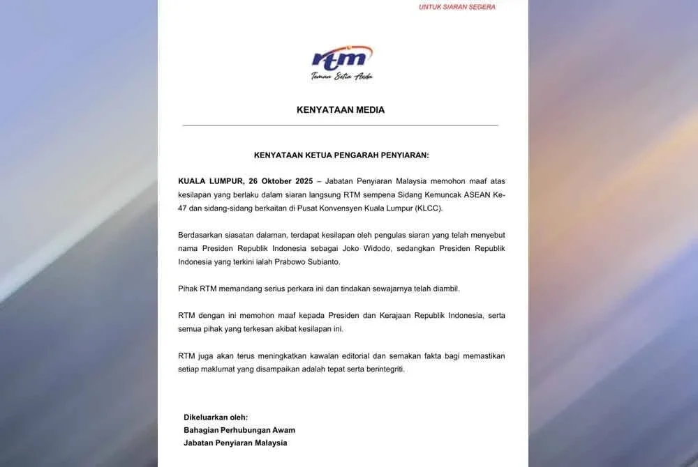 Radio Televisyen Malaysia (RTM) memohon maaf atas kesilapan pengulasnya yang tersilap menyebut nama Presiden Republik Indonesia ketika siaran langsung Sidang Kemuncak ASEAN ke-47.