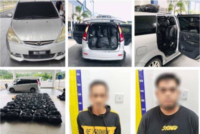 Dua lelaki dicekup bersama 759kg daun ketum di Kampung Kulim, Jeli pada Sabtu. Foto PDRM