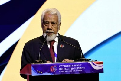 Gusmão berucap pada majlis menandatangani Deklarasi Kemasukan Timor-Leste ke dalam ASEAN pada Sidang Kemuncak ASEAN ke-47 di Kuala Lumpur hari ini. Foto Bernama