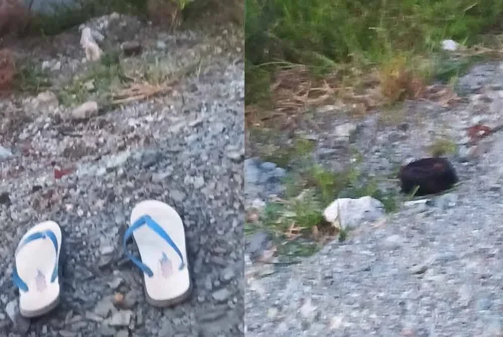 Selipar dan kupiah dikatakan milik mangsa ditemui di tebing sungai. Foto: Ihsan Pembaca