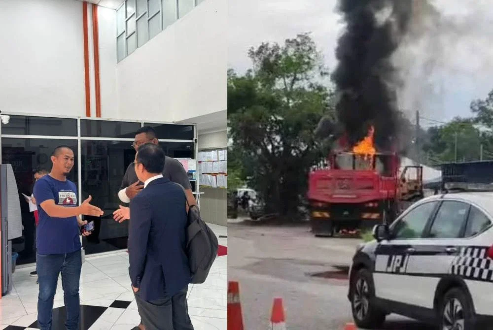 Tertuduh (tengah) yang sebelum ini tular kerana membakar kenderaan miliknya bagi mengelak disita JPJ didenda RM3,500 oleh Mahkamah Majistret di sini pada Isnin.