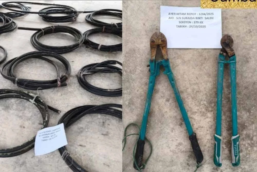 Gelung kabel yang dicuri dan alat pemotong digunakan suspek untuk kegiatan curi kabel di daerah Jempol.