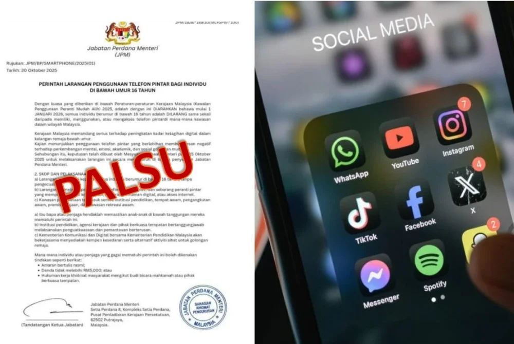 Dokumen tular berhubung larangan penggunaan telefon individu bawah umur 16 tahun adalah palsu