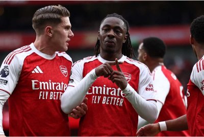 Reaksi Eze selepas meledak jaringan buat Arsenal di Emirates. Foto: Agensi