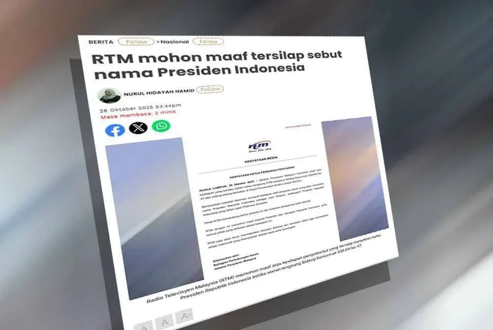 Jabatan Penyiaran Malaysia memohon maaf atas kesilapan sebutan nama oleh pengacara televisyen ketika siaran langsung Sidang Kemuncak ASEAN ke-47 baru-baru ini.