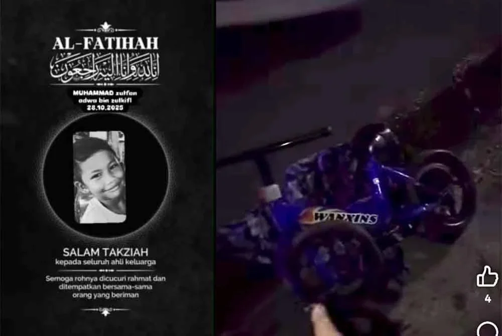 Tangkap layar video yang dikongsi di Facebook memaparkan keadaan basikal dinaiki mangsa selepas terlibat dalam kemalangan dengan sebuah MPV di kawasan Perumahan Rakyat Pak Mahat, Jalan Tanjung Lumpur pada Isnin.