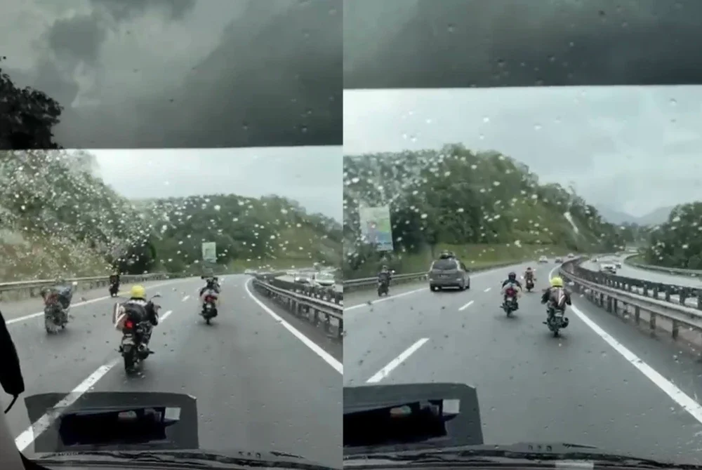 Tangkap layar video tular di media sosial memaparkan lima remaja menunggang motosikal dengan aksi berbahaya dan menghalang laluan ambulans.