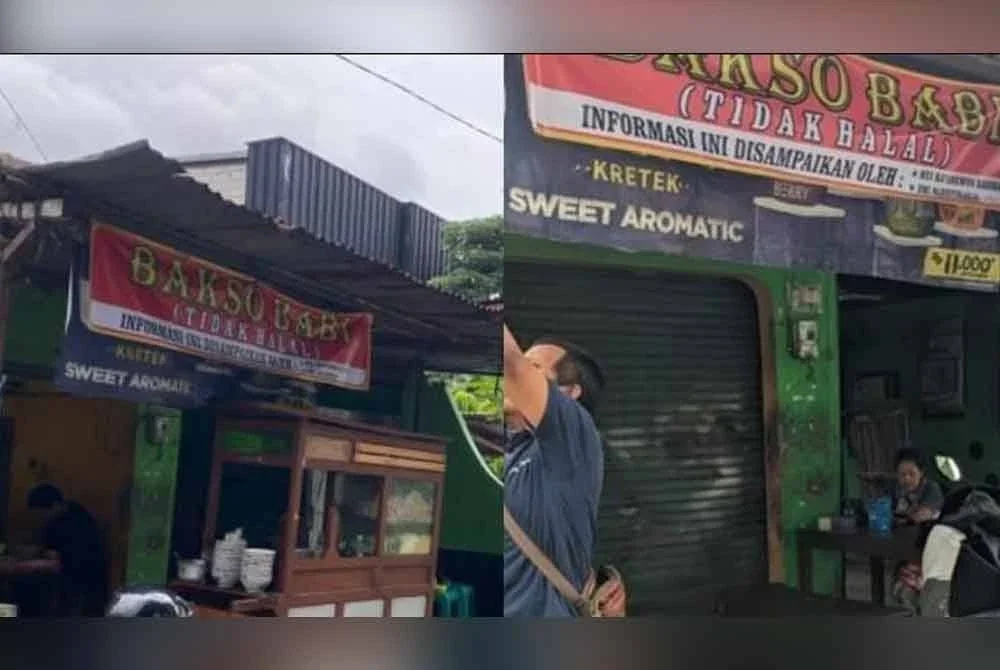 Kain rentang yang dipasang memaklumkan bahawa warung berkenaan menjual bakso babi. Foto Agensi