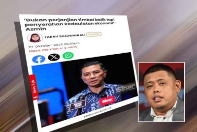 Laporan Sinar Harian pada Isnin mengenai Mohamed Azmin yang menyifatkan ART sebagai satu bentuk penyerahan kedaulatan ekonomi. Gambar kecil: Danish